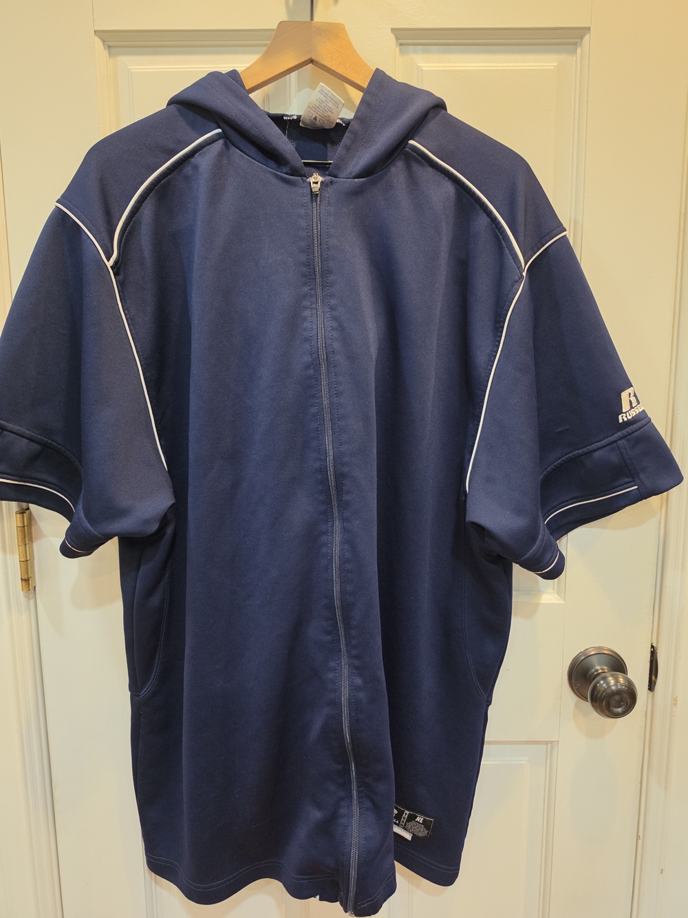 Russell Athletic Navy Zip-Up Hooded Short-Sleeve Sweater